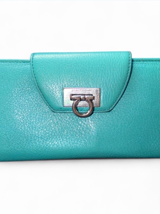 Salvatore Ferragamo Handbags - Salvatore Ferragamo Turquoise Leather Clutch with Gancini Detail